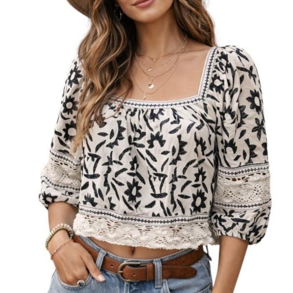 Christian Siriano Boho Square Neck Embroidered Crop Top - Black on Cream